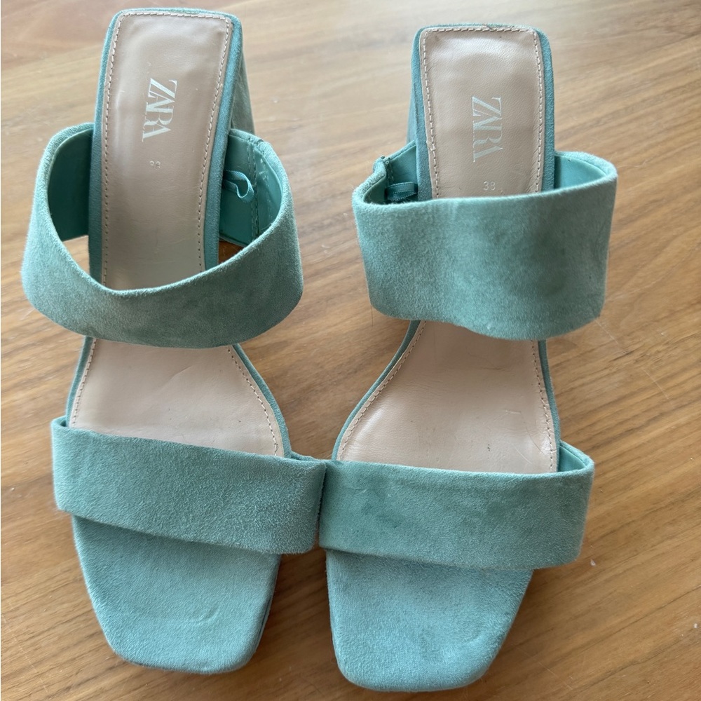 ZARA BLUE SUEDE DUAL STRAP BLOCK HEELS Size 38